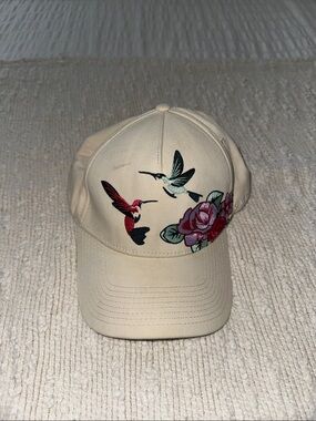 YoungLA Cream Baseball Cap with Embroidered Hummingbirds & Rose